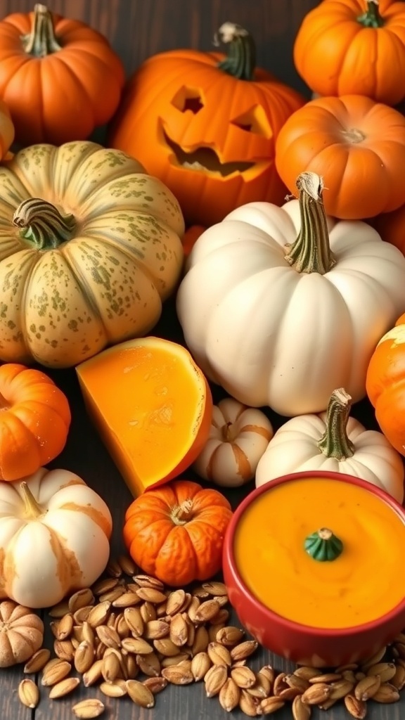 A collection of pumpkins, pumpkin pie, soup, and seeds on a wooden table.